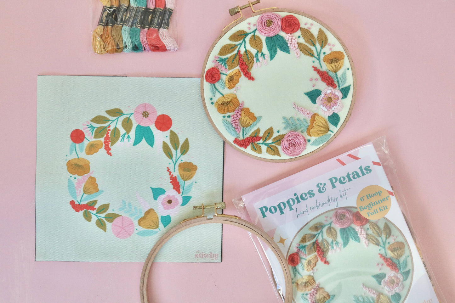 6" Beginner Hand Embroidery Kit - Floral Poppies and Petals