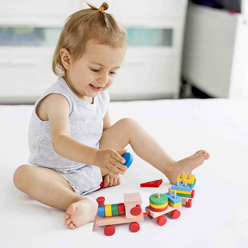 Fun Little Toys - Wooden Train Shape Sorter and Stacking Toy 25 Pcs