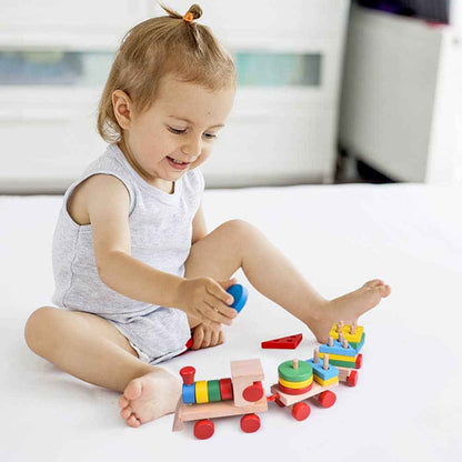 Fun Little Toys - Wooden Train Shape Sorter and Stacking Toy 25 Pcs