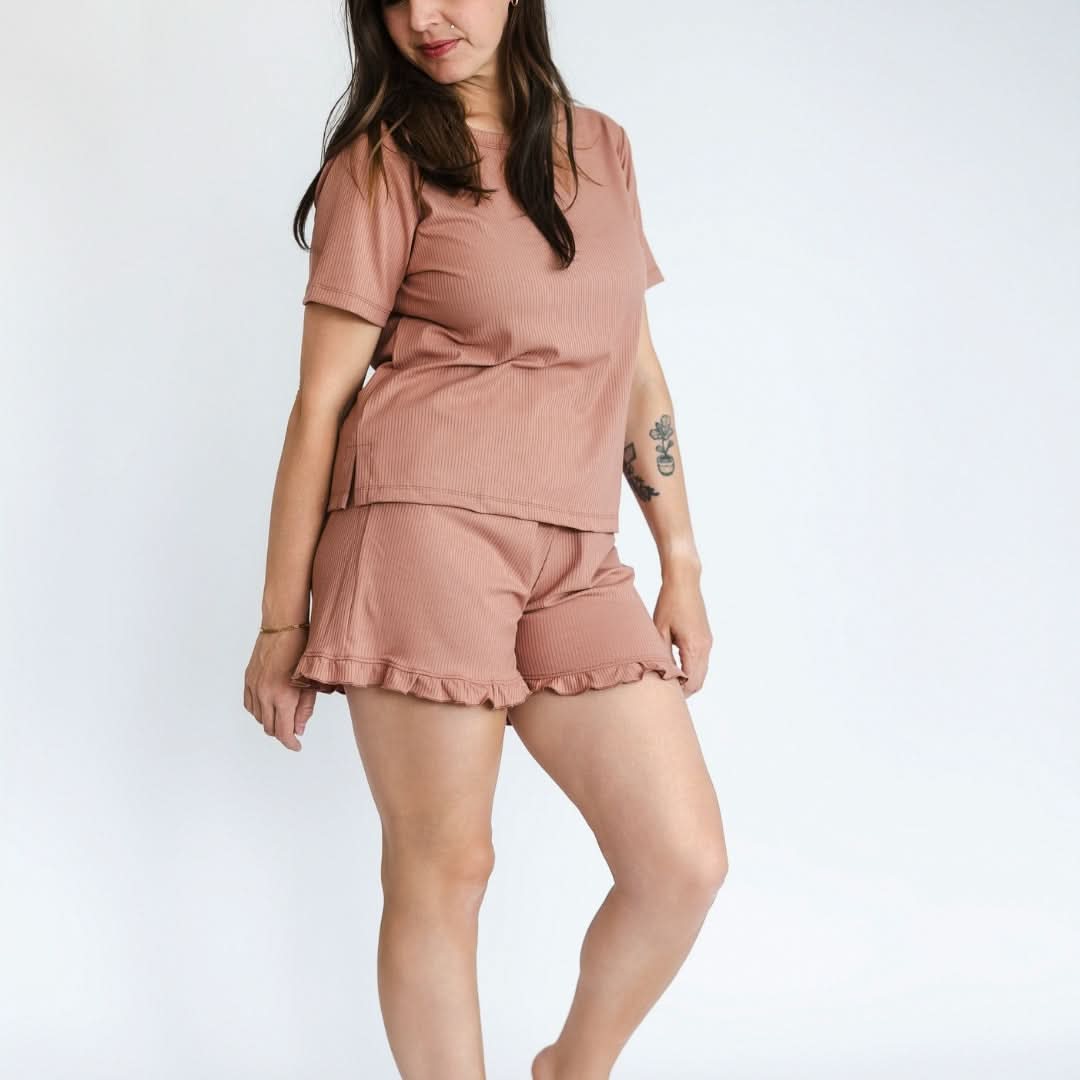 Ladies' Bamboo 2-Piece Short Sleeve Lounge Set | Olive Rib