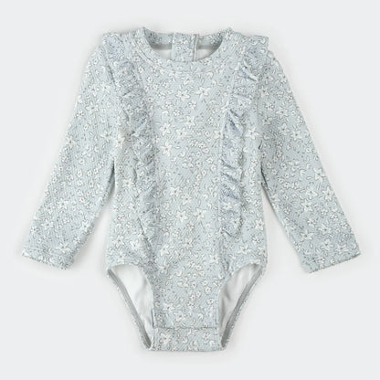 Long-Sleeve One-Piece Swimsuit | Vintage Flowers Print on Powder Blue | Petit Lem