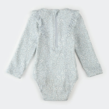 Long-Sleeve One-Piece Swimsuit | Vintage Flowers Print on Powder Blue | Petit Lem