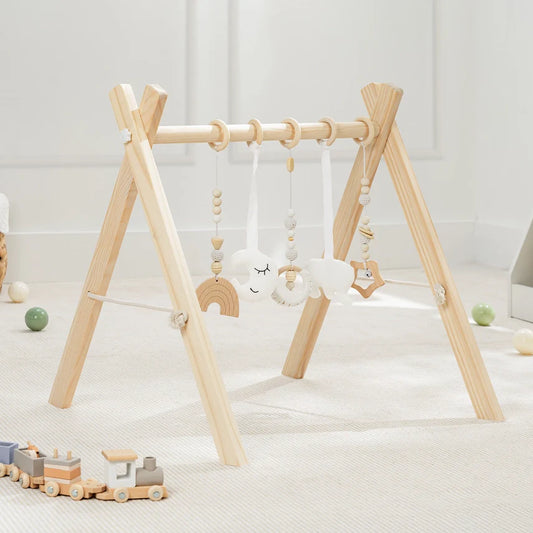 Comfy Cubs - Foldable Baby Play Gym with 5 Hanging Toys - Natural Wood