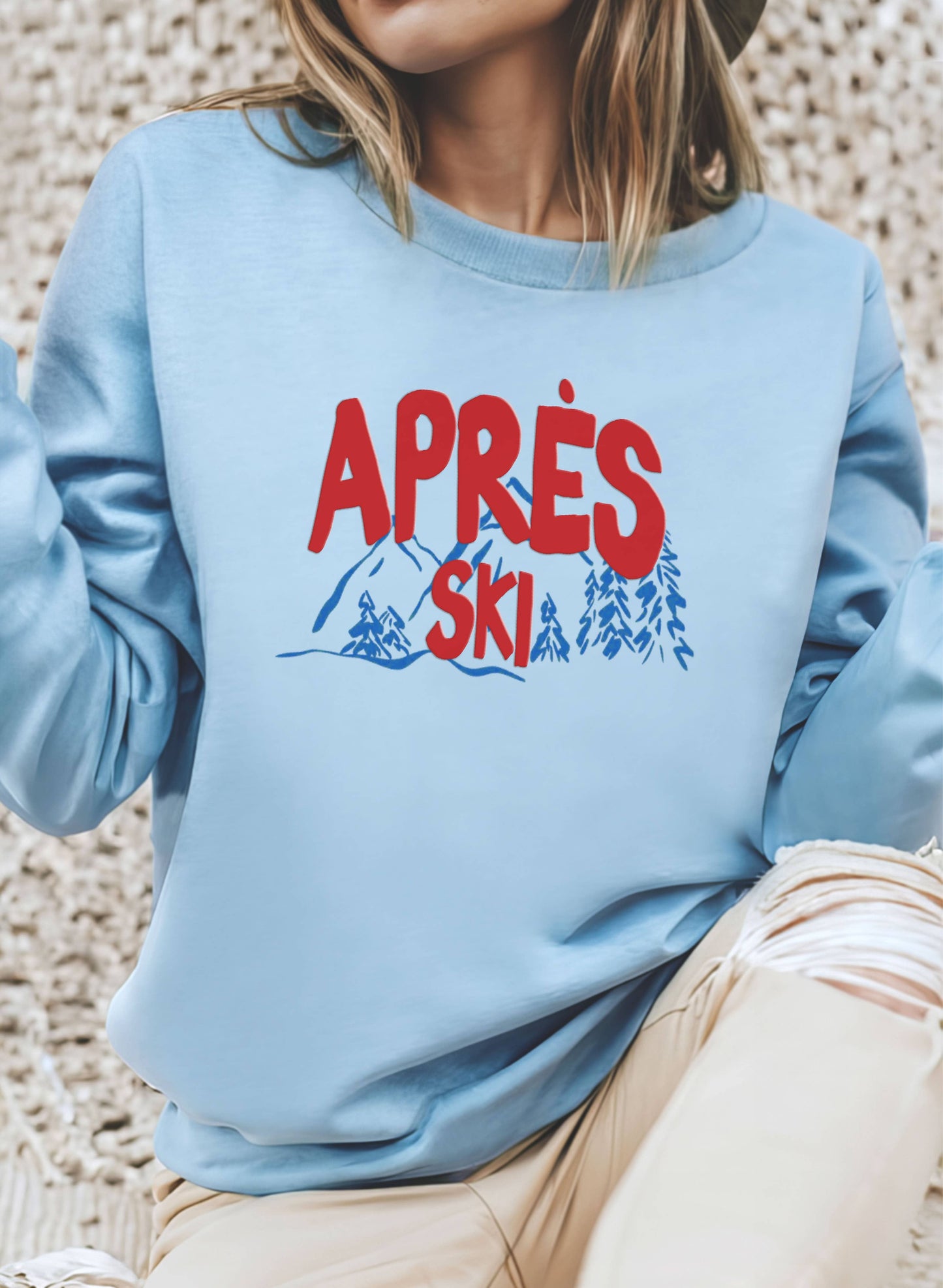 Apres Ski Puff Sweatshirt, Winter Crewneck Sweater Trendy : Ash Grey / Large