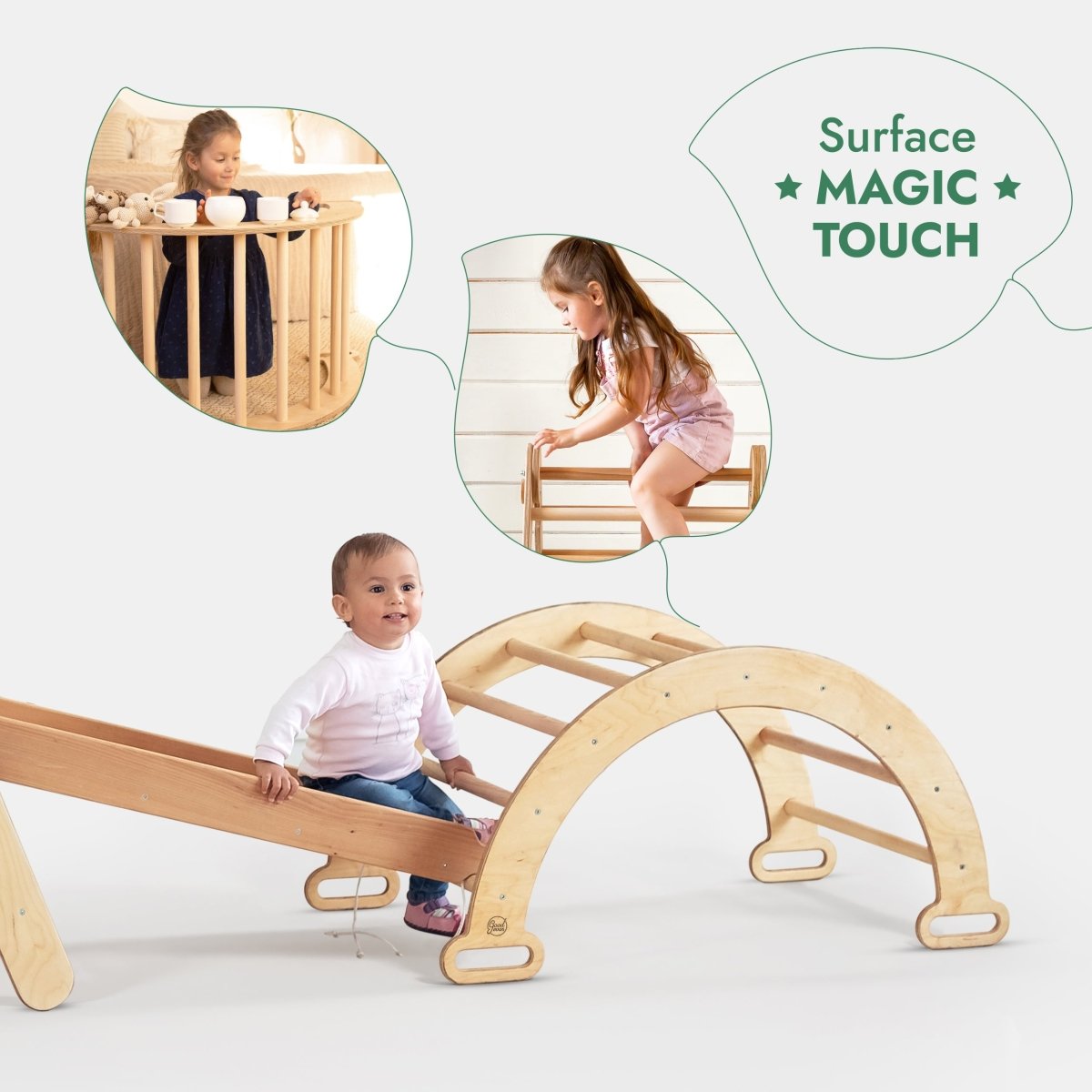 4in1 Montessori Climbing Frame Set: Triangle Ladder + Arch/Rocker + Slide Board/Ramp + Netting rope