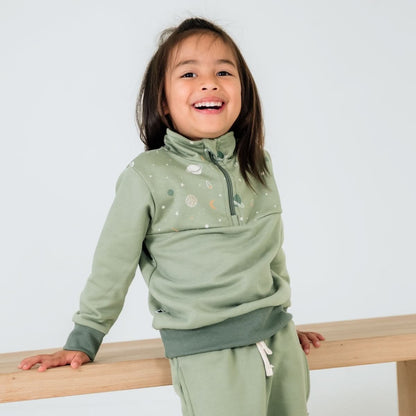 Kids' Bamboo Fleece Half-Zip | Sage With Outer Space