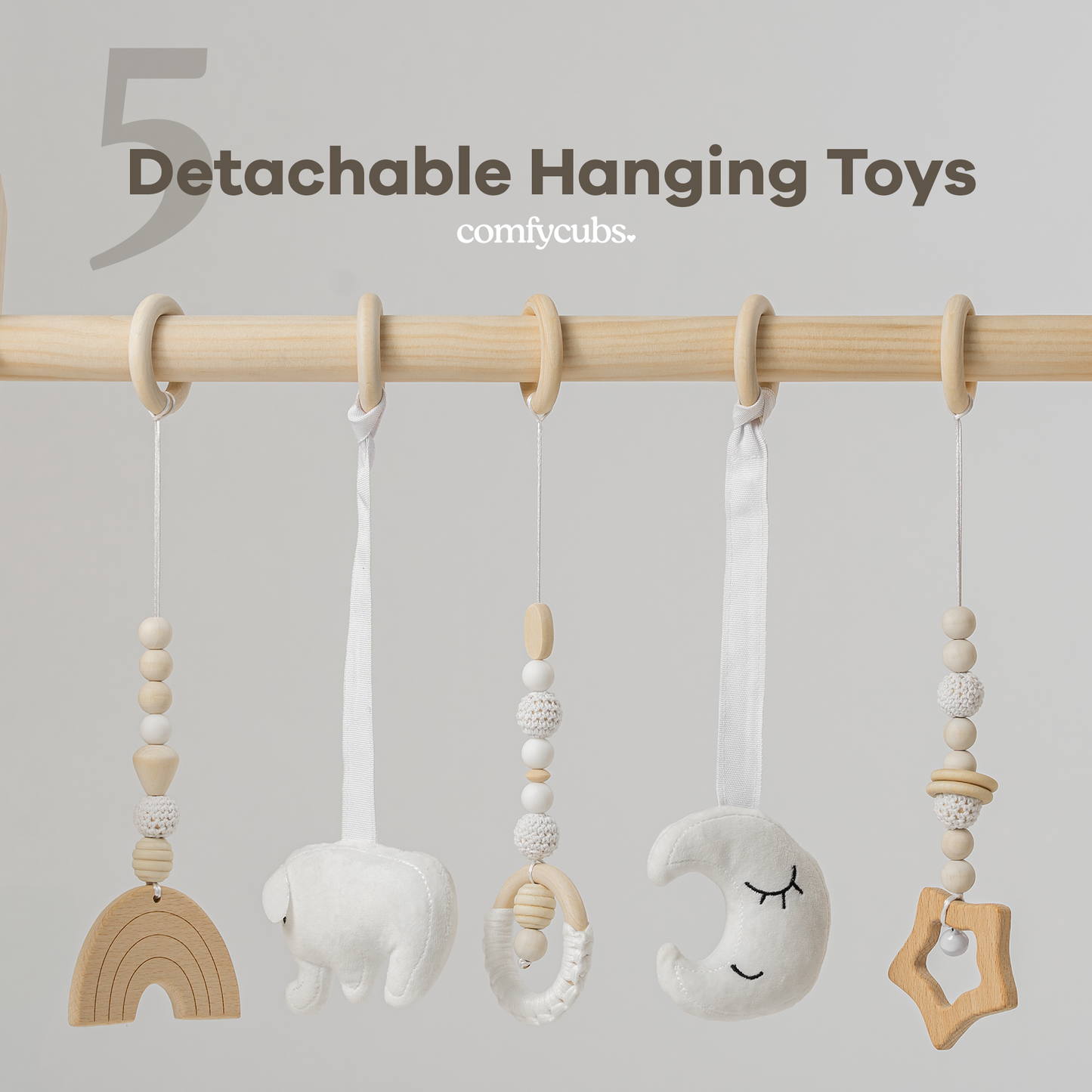 Comfy Cubs - Foldable Baby Play Gym with 5 Hanging Toys - Natural Wood