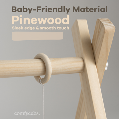 Comfy Cubs - Foldable Baby Play Gym with 5 Hanging Toys - Natural Wood