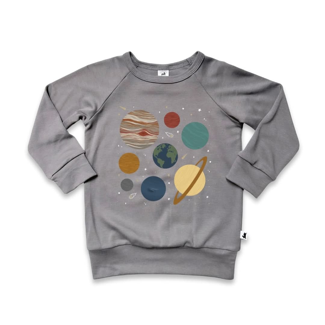 Baby/Kids' Graphic Bamboo Raglan Sleeve Pullover | Planets In Graphite