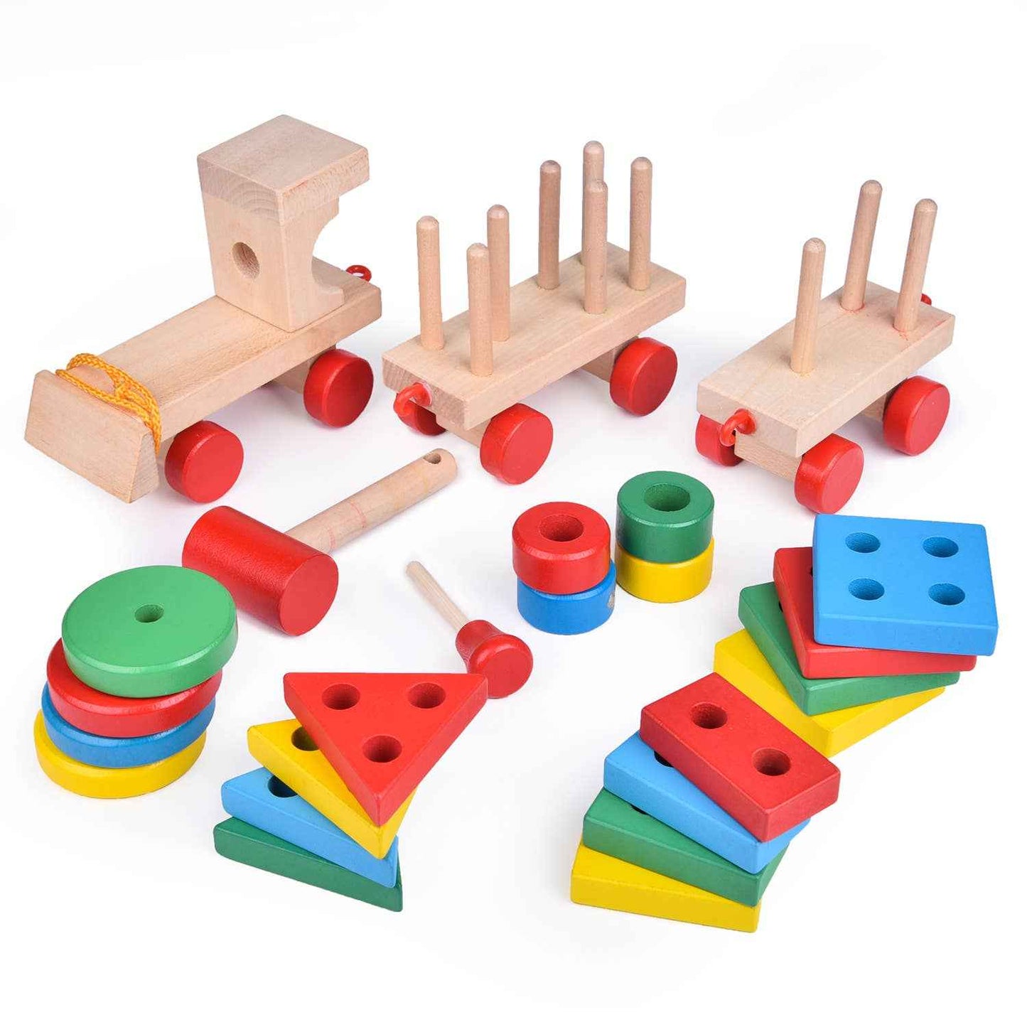 Fun Little Toys - Wooden Train Shape Sorter and Stacking Toy 25 Pcs