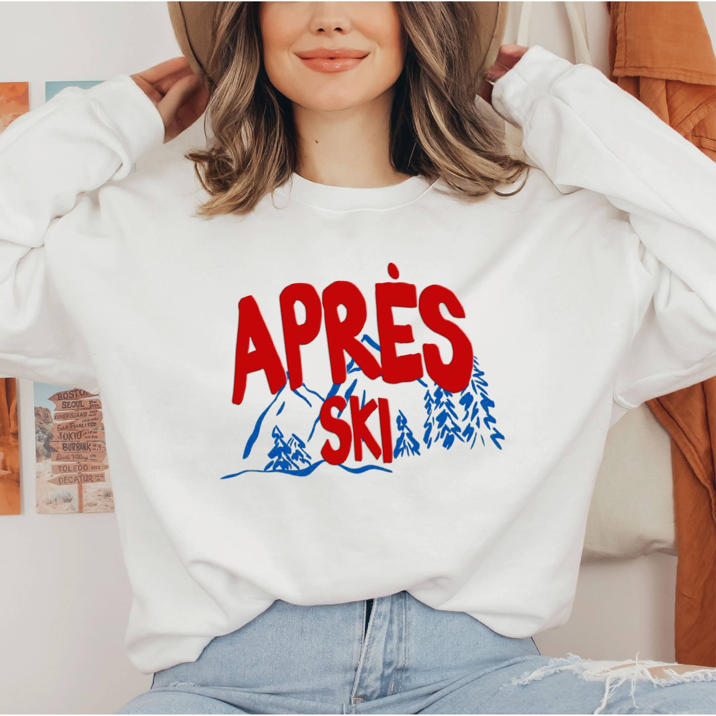 Apres Ski Puff Sweatshirt, Winter Crewneck Sweater Trendy : Ash Grey / Large
