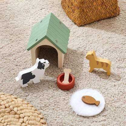 Mini Wooden Dog House & Cat Pretend Play Set