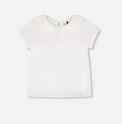 T-Shirt with Crochet Peter Pan Collar | White | Duex par Deux