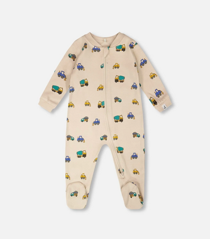 Organic One Piece PJ | Truck Print on Beige | Deux Par Deux