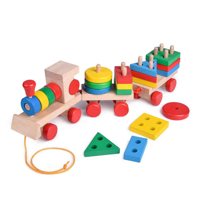 Fun Little Toys - Wooden Train Shape Sorter and Stacking Toy 25 Pcs