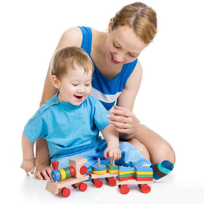 Fun Little Toys - Wooden Train Shape Sorter and Stacking Toy 25 Pcs