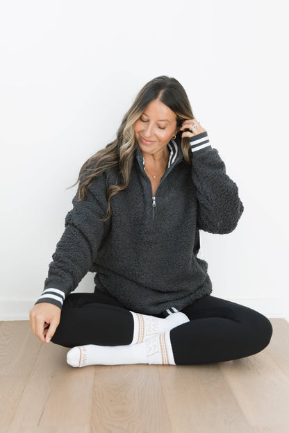Varsity | Sherpa Half Zip: Charcoal / Busy Hockey Mom / Small